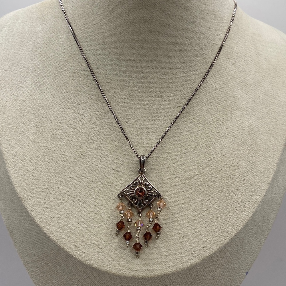 Vintage Sterling Silver Artisan Swarovski Crystal Chandelier Pendant Necklace